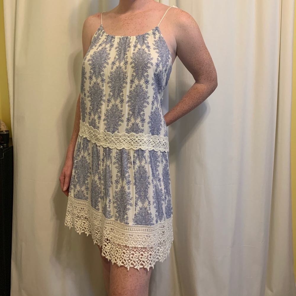 Paper crane white and blue floral dress